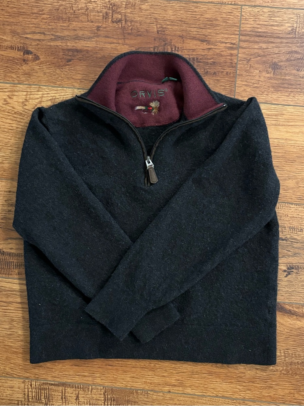 Orvis Kids Large Merino Wool Quarter Zip Sweater Black Fly Fishing